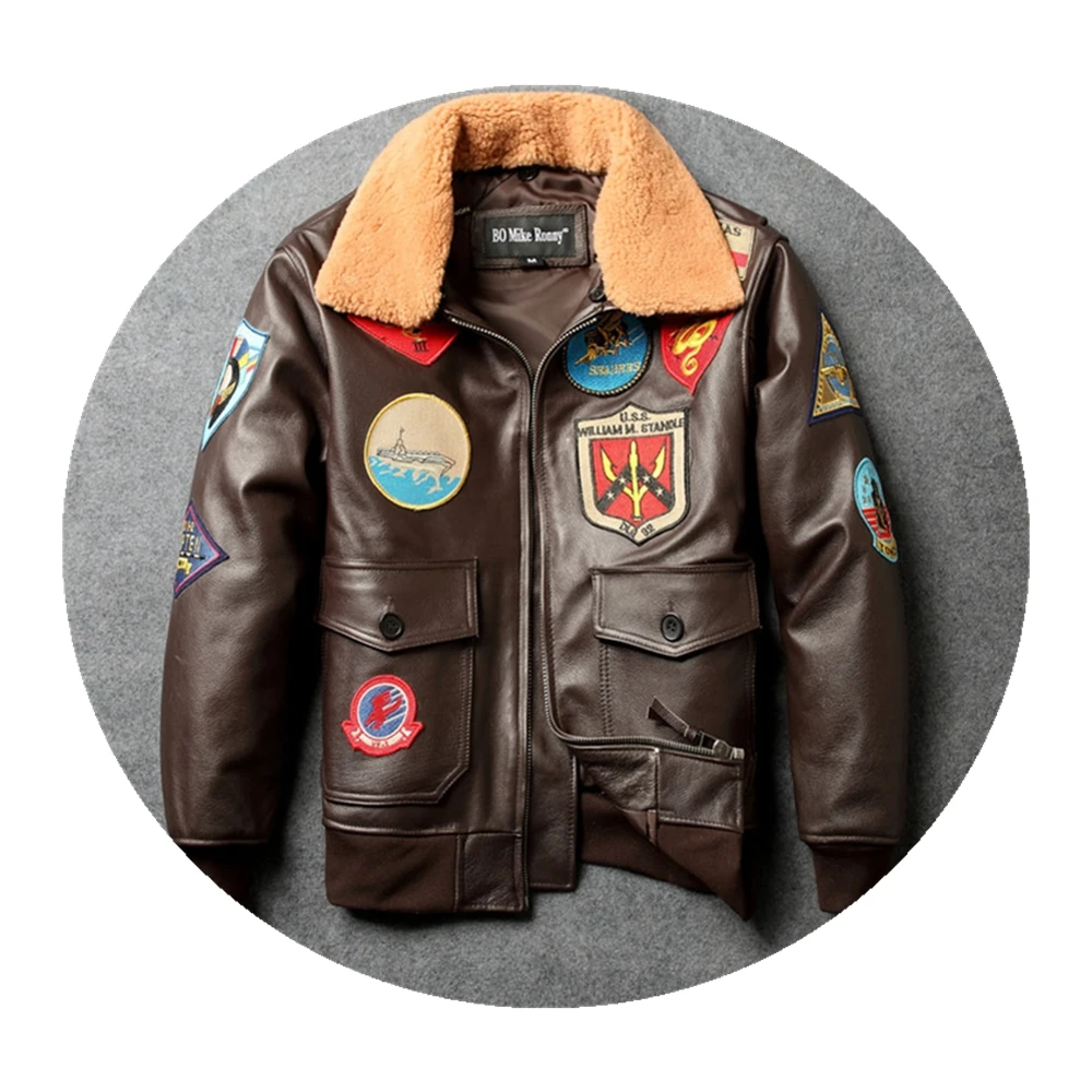 Мужская куртка-пилот из воловьей кожи с шерстяным воротником