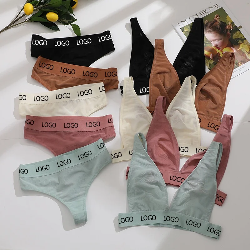 2021 Unlined Sexy Lace Panties and Bra Set Custom Logo Mesh Wireless Bra and Thongs Set Women
