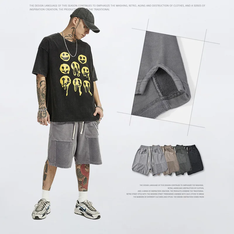 American street vintage shorts ins fashion brand split stitching sweatpants gym shorts men loose knitted shorts