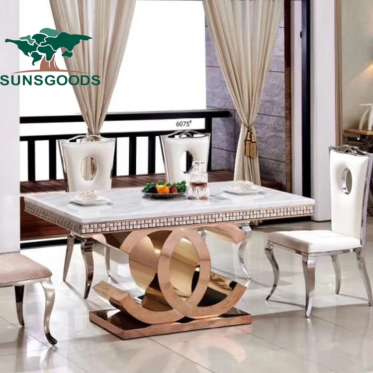 
6 seater new design modern gold stainless steel marble dining table set 