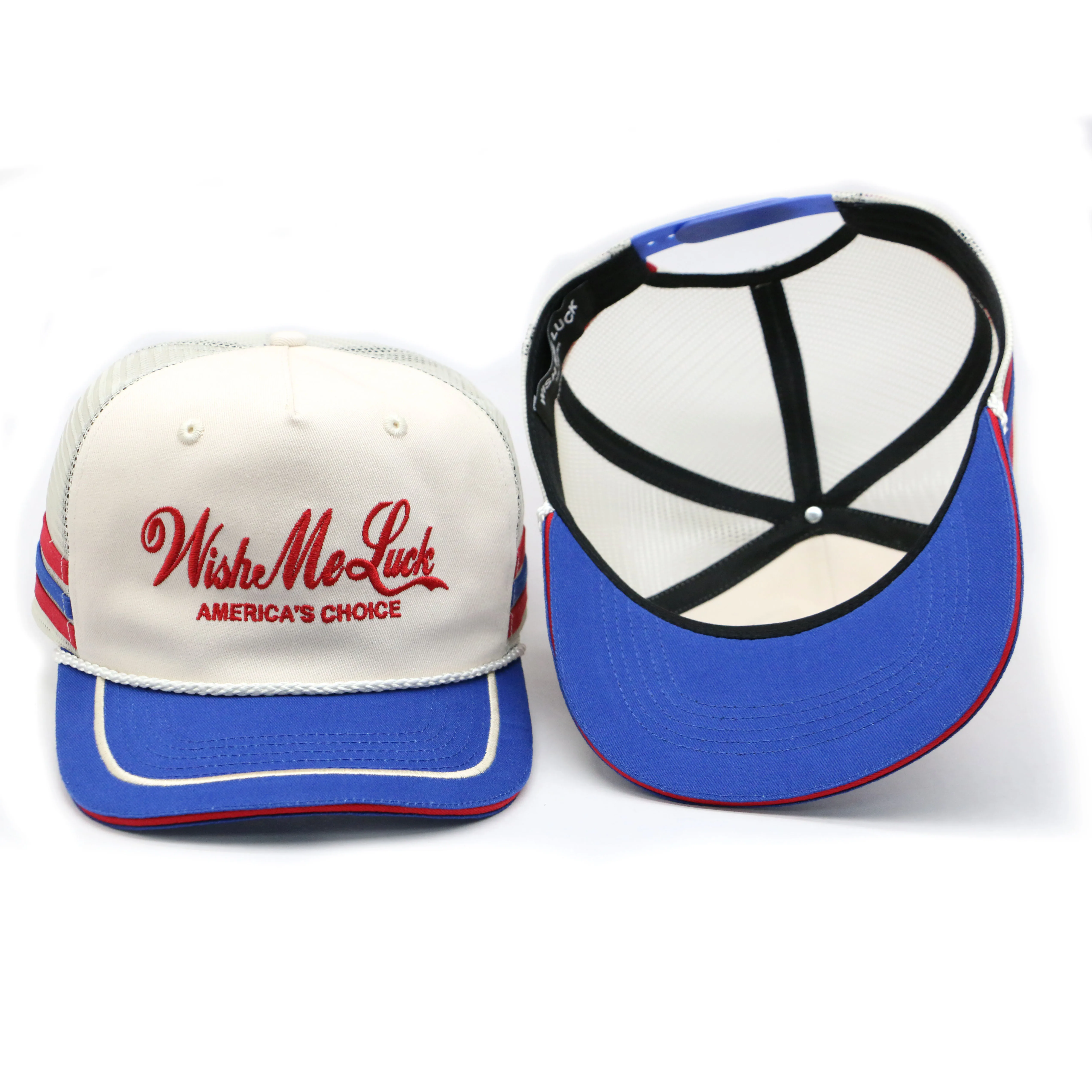 high quality cheap two tone 100% cotton 5 panel unstructured rope mesh trucker snap back hat