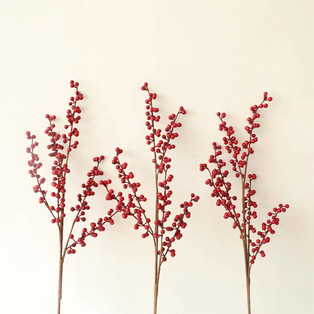 MW61201 Artificial Decorative Red Berry Long Stem Handmade Stem Christmas Berry Blossom Branch Christmas Artificial Berry Fruit