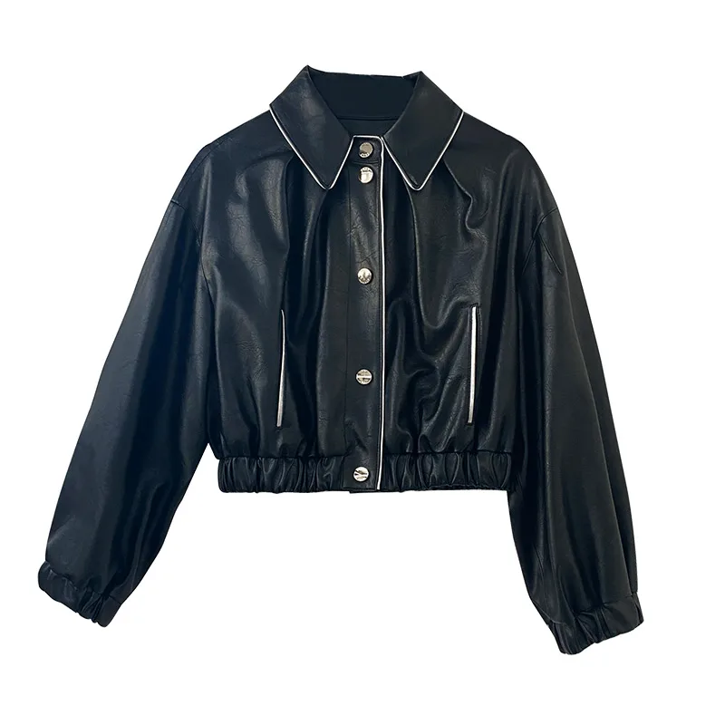 YRP011 Upmarket Chic Style PU Leather Cropped Bomber Jacket High-end Synthetic Leather Blouson