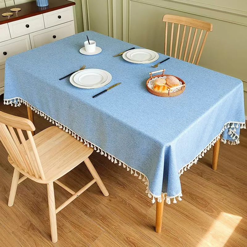 Cotton linen waterproof and oil-proof luxury atmosphere solid color tassel simple tablecloth