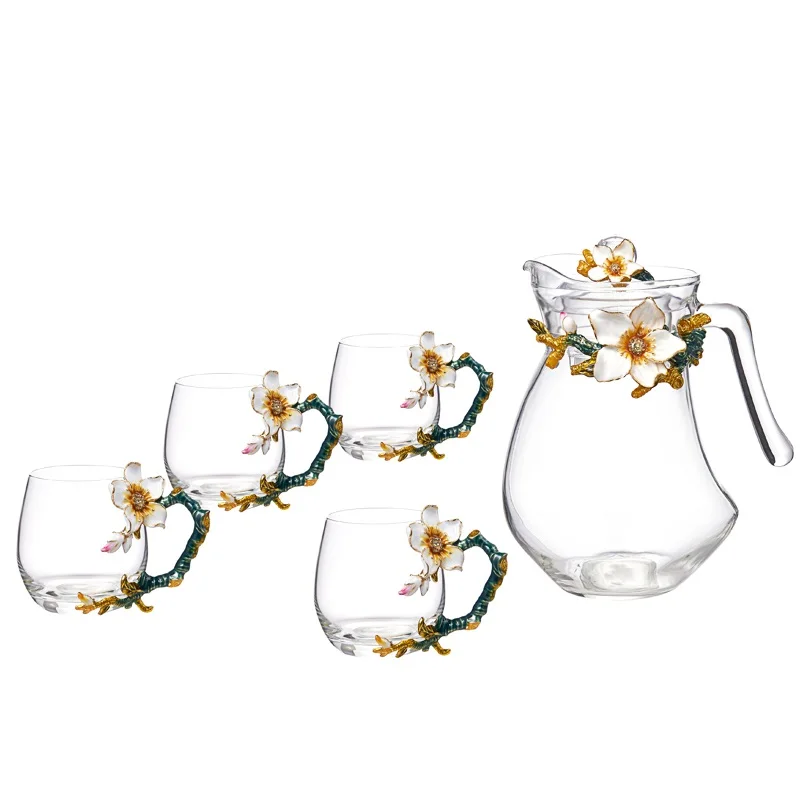 Spot New Products Gift Box Luxury Chinese Enamel Flower Glass Coffee Cups Set Tea Pot Tea Cup Set Coffee Tea Sets