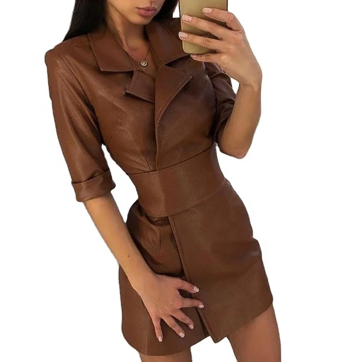 2021 sexy leather blazer dress femme wrap body con fitted office career dresses ladies women elegant spring casual dresses