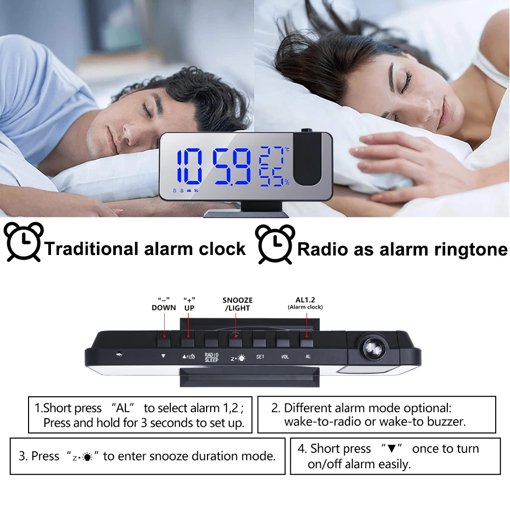 0-100% Dimmer 180 Rotatable USB Rechargeable LED Digital Projection Electronic Alarm Clock with Time Projector and FM Radio