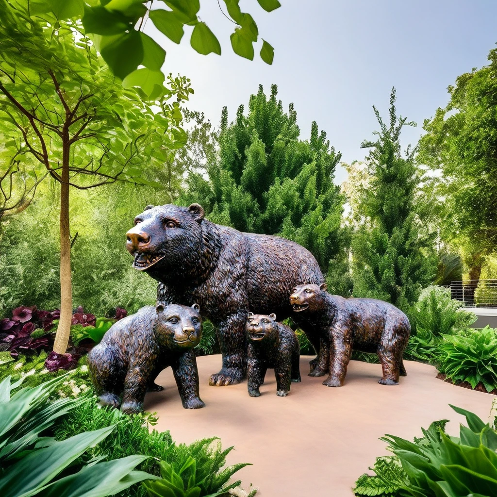 Garden Lawn Metal bear Sculpture Life Size animal  metal bronze family sculpture