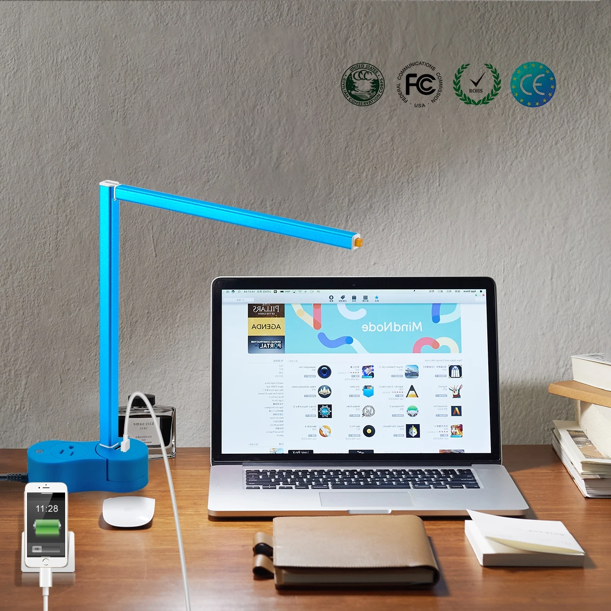 EA-200-S Smart Lamp with wifi & USB Ports and Power Outlet Rotatable 170 Degree Smart LED Light for UK (Blue)