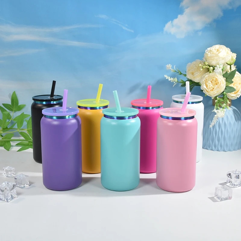 New 16oz Rainbow plated underneath powder coated colored stainless steel 16oz beer can tumbler cups for laser engrave