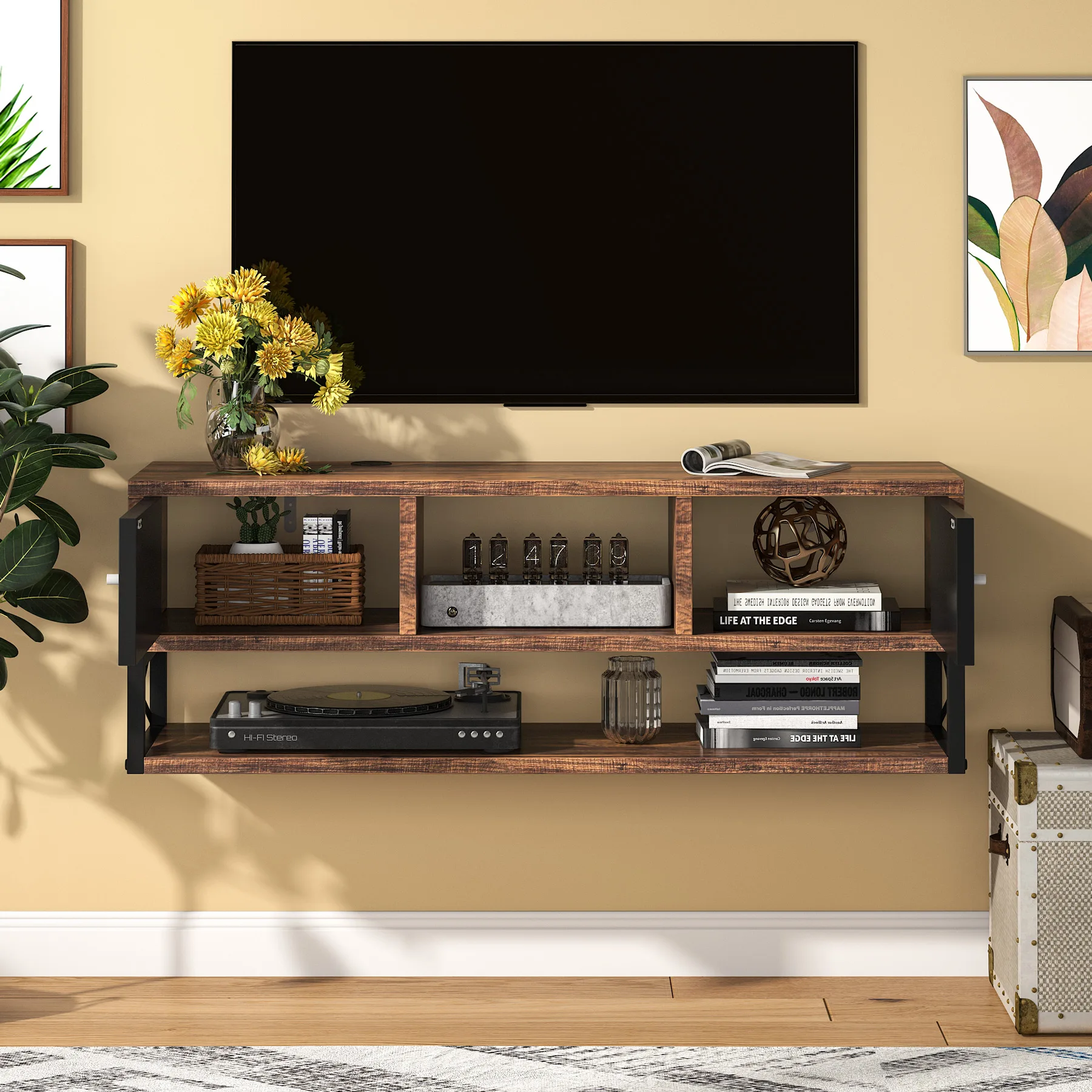 Modern accent decorative living room floating 3-Tier vintage wall mounted media entertainment center TV stand cabinet