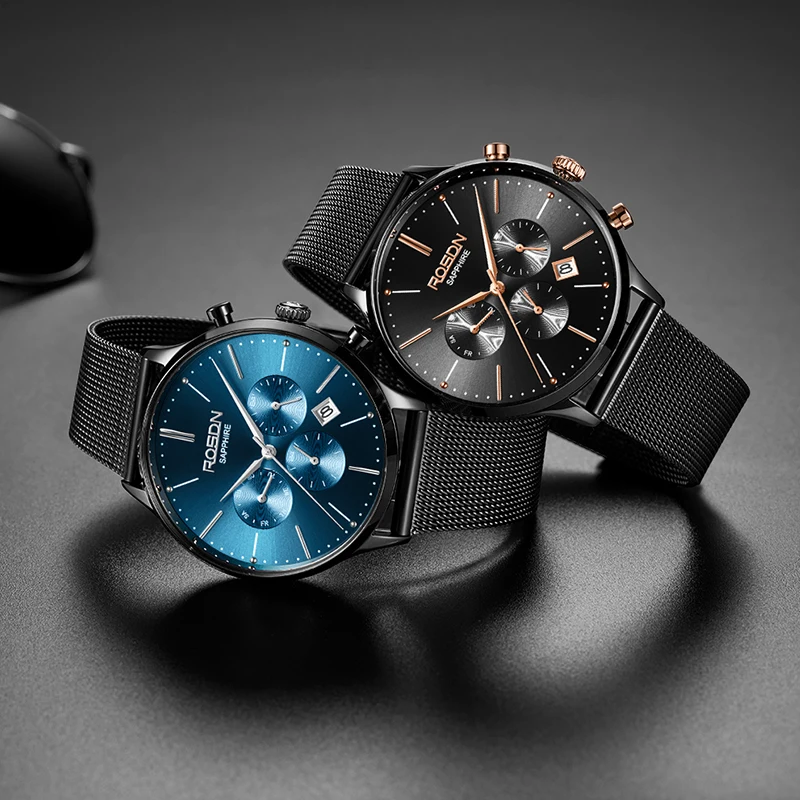 ROSDN G3698 новые роскошные модные сапфировые кварцевые часы известного топ бренда мужские повседневные часы под платье