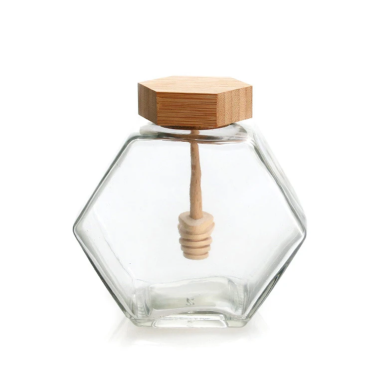 Glass Container with Wooden Dipper for Honey Packaging Hexagon Clear 380ml Food Honeycomb Storage Jars with Bamboo Lids Spoon