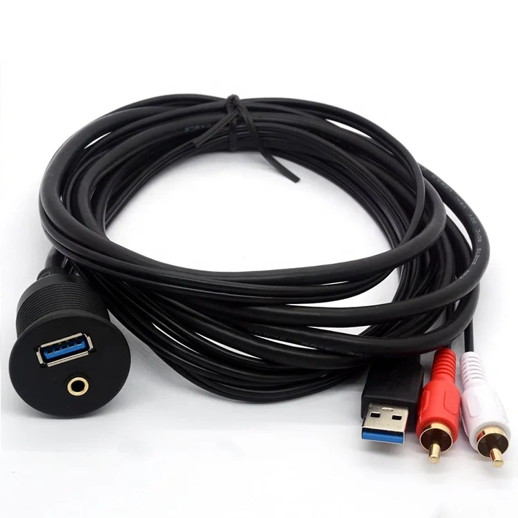 USB 3.0 & 3.5mm AUX 2 RCA Male to USB and 1/8 Audio Stereo Female Dash Panel Mount Extension Code for Car Bike Boat Motorcycle