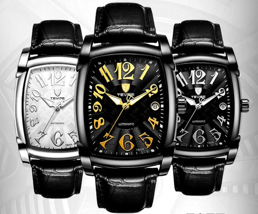 TEVISE Customized Business Square Rectangle Automatic Watch With Leather Sport Wrist Watch Men Mechanical Watch