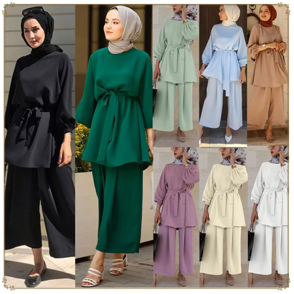 New Trendy Solid Tunic Pant Suit Muslim Women Clothing Tunics