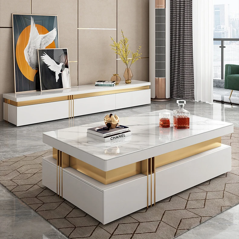 Luxury tv stand and coffee table set furniture living room Stainless steel tv cabinet stand with slate top for villa home
