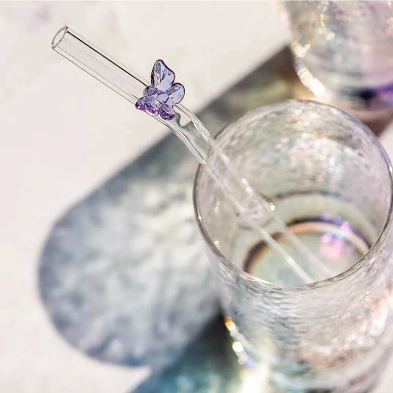 Custom Drinking Clear Bent Straight butterfly Bow-tie Bow Shape Glass Straw Straws Set with Design for Soda Can Cup Accessories
