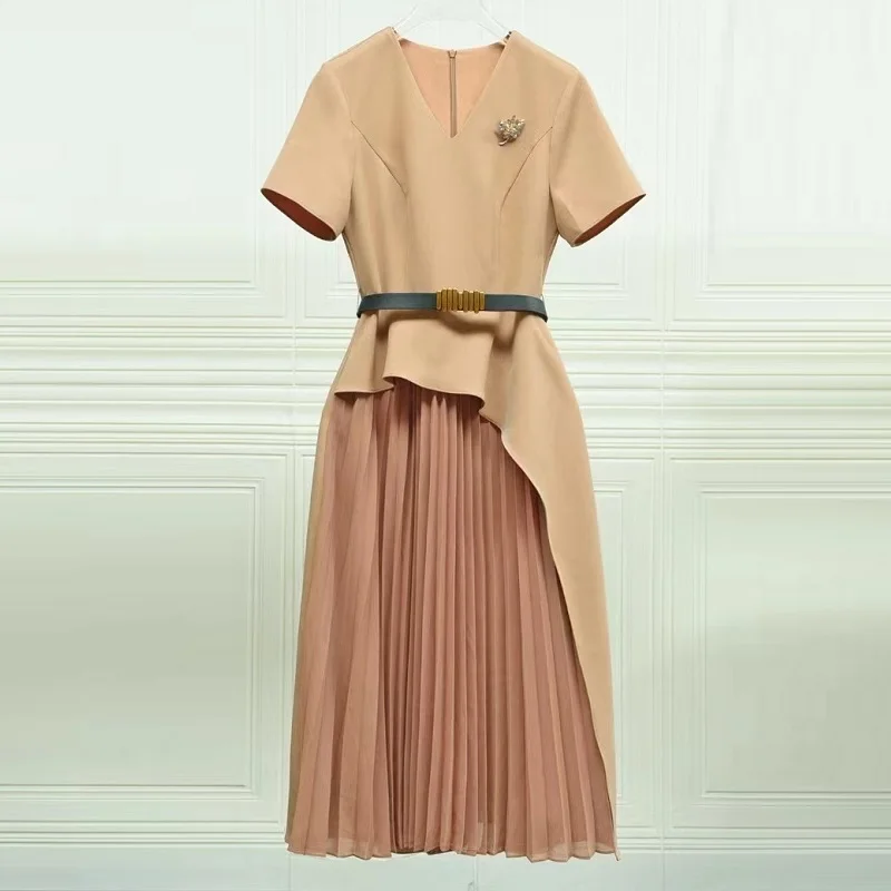 Luxury Clothes Women 2024 Summer Fashion Dress Elegant Women Brooches Belt Deco Short Sleeve Mid-Calf Pleated Dress Plus Size