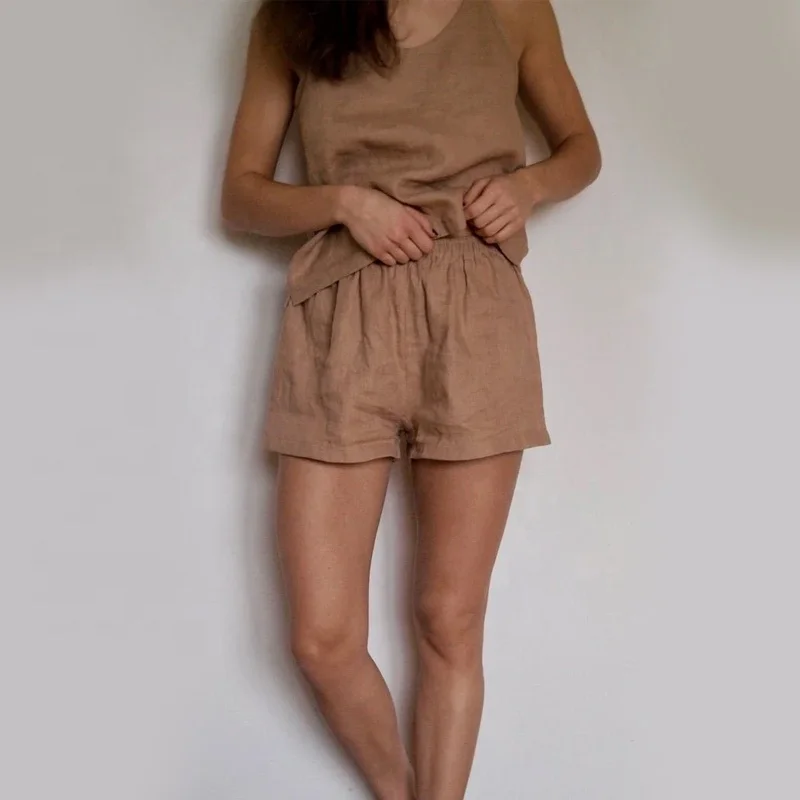 Summer Basic Linen Women Strap Top And Blouse Set Summer Lounge Set Cotton Pajamas Hot Leisure Wear For Women