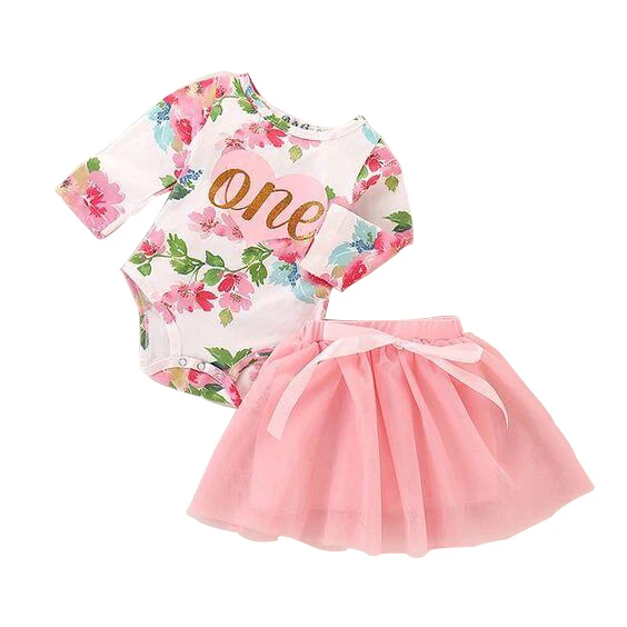 
boutique infant baby 2 piece sweet floral bodysuits and pink tulle skirt set baby girl clothes 