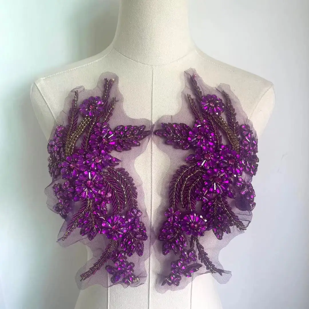 Silver Heavily Crystal Flower Patches Rhinestone Applique Embroidery Beaded Sewing Appliques for garment accessories