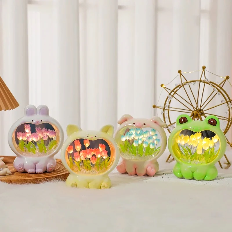 Creative Home Decor Handmade DIY Tulip Animals 10 Flower Lamp Romantic LED Tulip Mirror Night Light for Bedroom Girls Gift