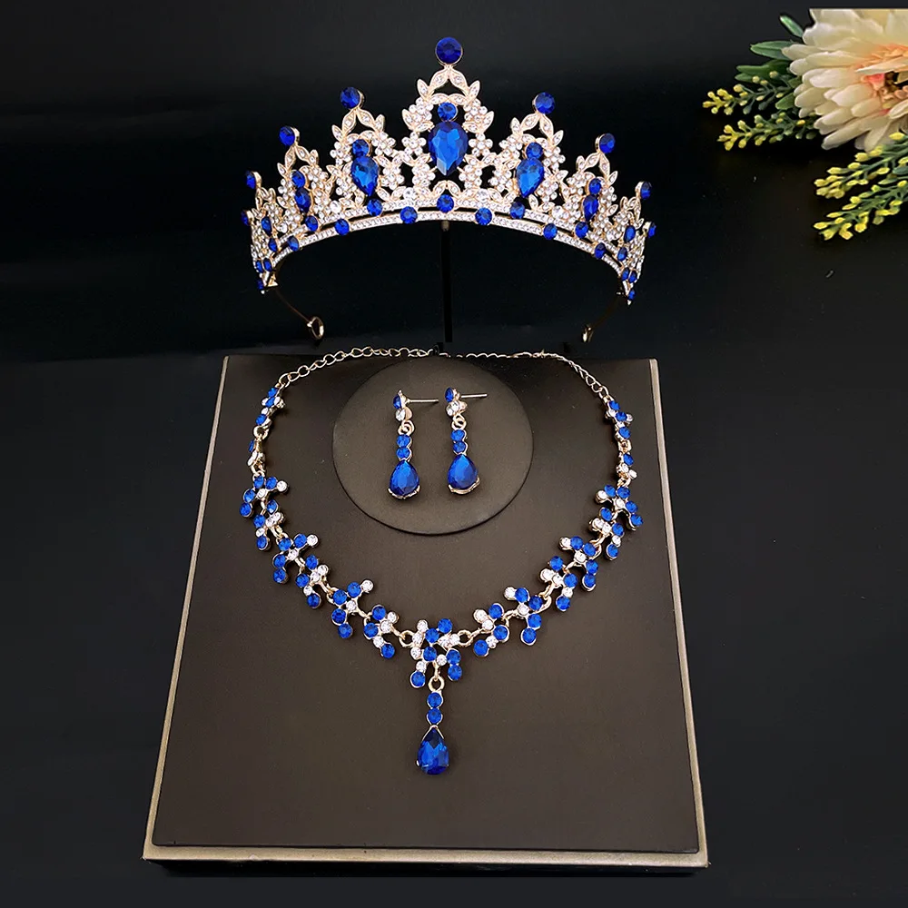 Bride Colorful Crystal Wedding Tiara Three-piece Bridal Necklaces Earrings Rhinestone Jewelry Sets