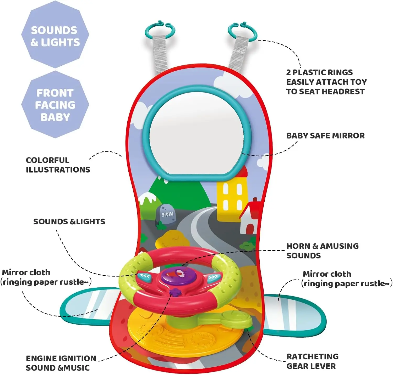 Travel Fun 3 in 1 Baby Stroller Toy Interactive Steering Wheel Toy Pretend Play Driving Rear Car Seat Toys with Mirror