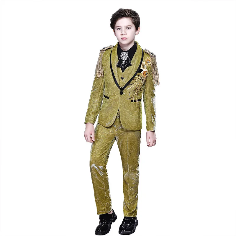 Yellow Embroidery Elaborate  Flower Boys Tuxido Blazer Kids Clothing Children Wear Plus Size Men Suit Host Piano Performance