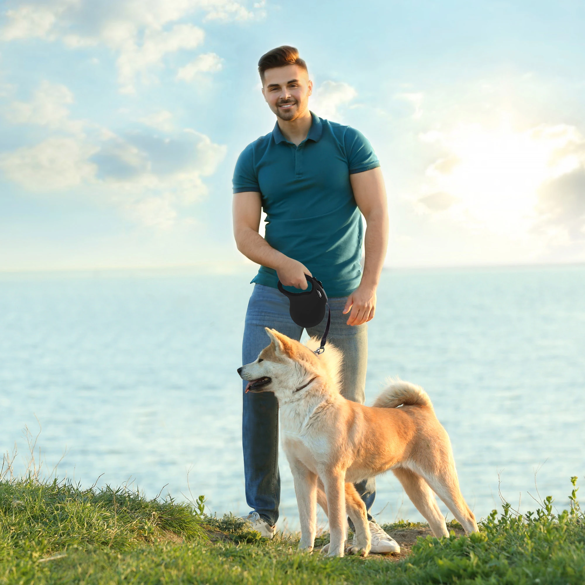 LEAD PET Retractable Dog Leash Anti-Slip Handle 16 ft Strong Nylon Reflective Tape One Handed Brake and Lock with Futuro Collar