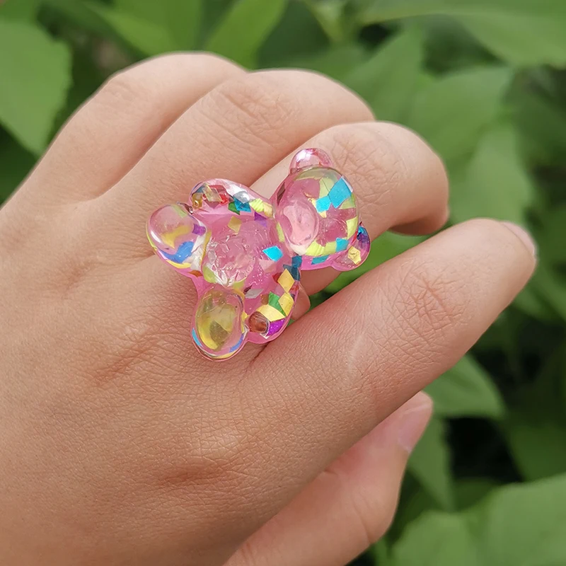 New arrival fashion custom acrylic resin bear ring jewelry colorful big gummy for