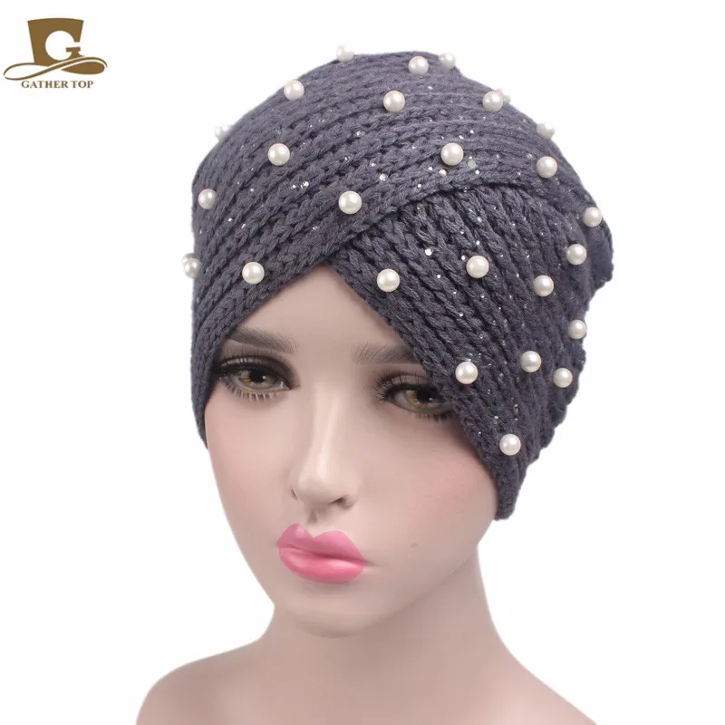 Fashion Women Pearled Beanie knitted Turban Cross Style Bohemian knitted Beanie India Style Knitting  Beanie CapTJM-85A