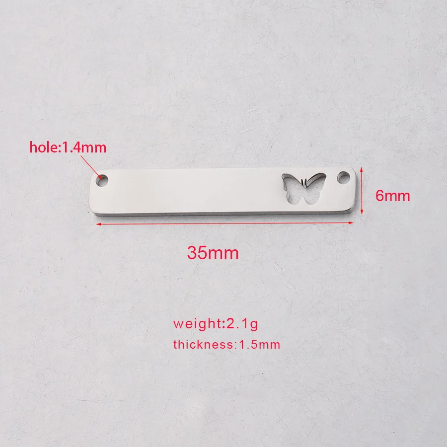 Stainless Steel Engravable Rectangle Bar Pendant 6*35mm Hollow Butterfly Charms Two Hole Connector DIY Bracelet Necklace Jewel