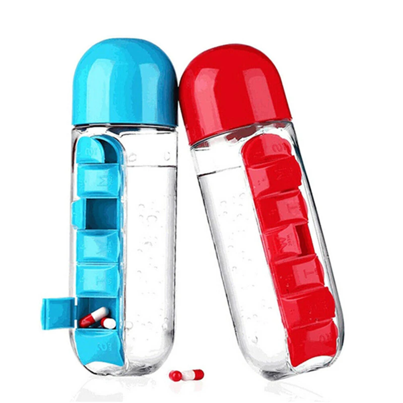 7 Daily Pill Box Water Bottle Cup Case Capsule Organizer Plastic Pill Bottle Screen Printing Red Pink Yellow Easy Open End YH