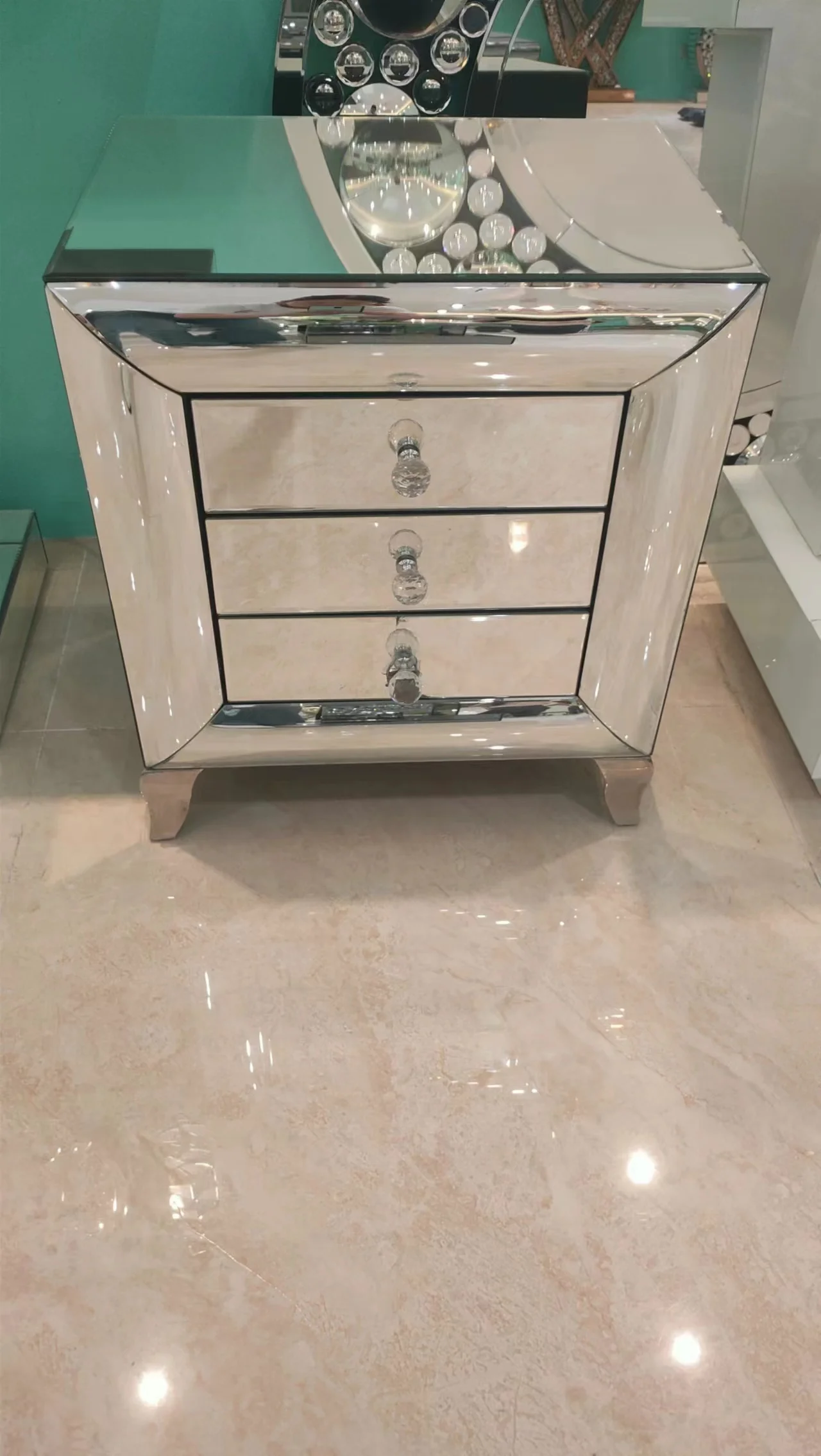 Quality  Champagne Silver Modern Furniture Metal Base Nightstand With 2 Drawers mirrored bedside table