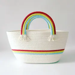Wholesale Women Summer Beach Solid Color Stripes Pattern Rainbow Handle Straw Woven Handbags