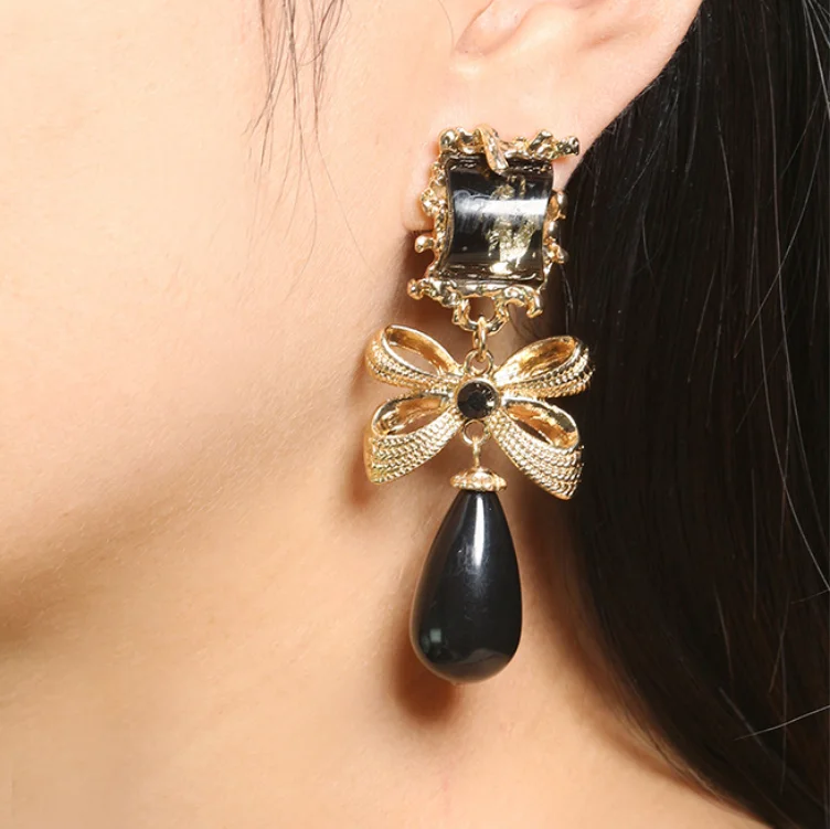 New Resin Vintage Black white Large resin Bow Water Drop Ear clip without ear hole Earrings for Women