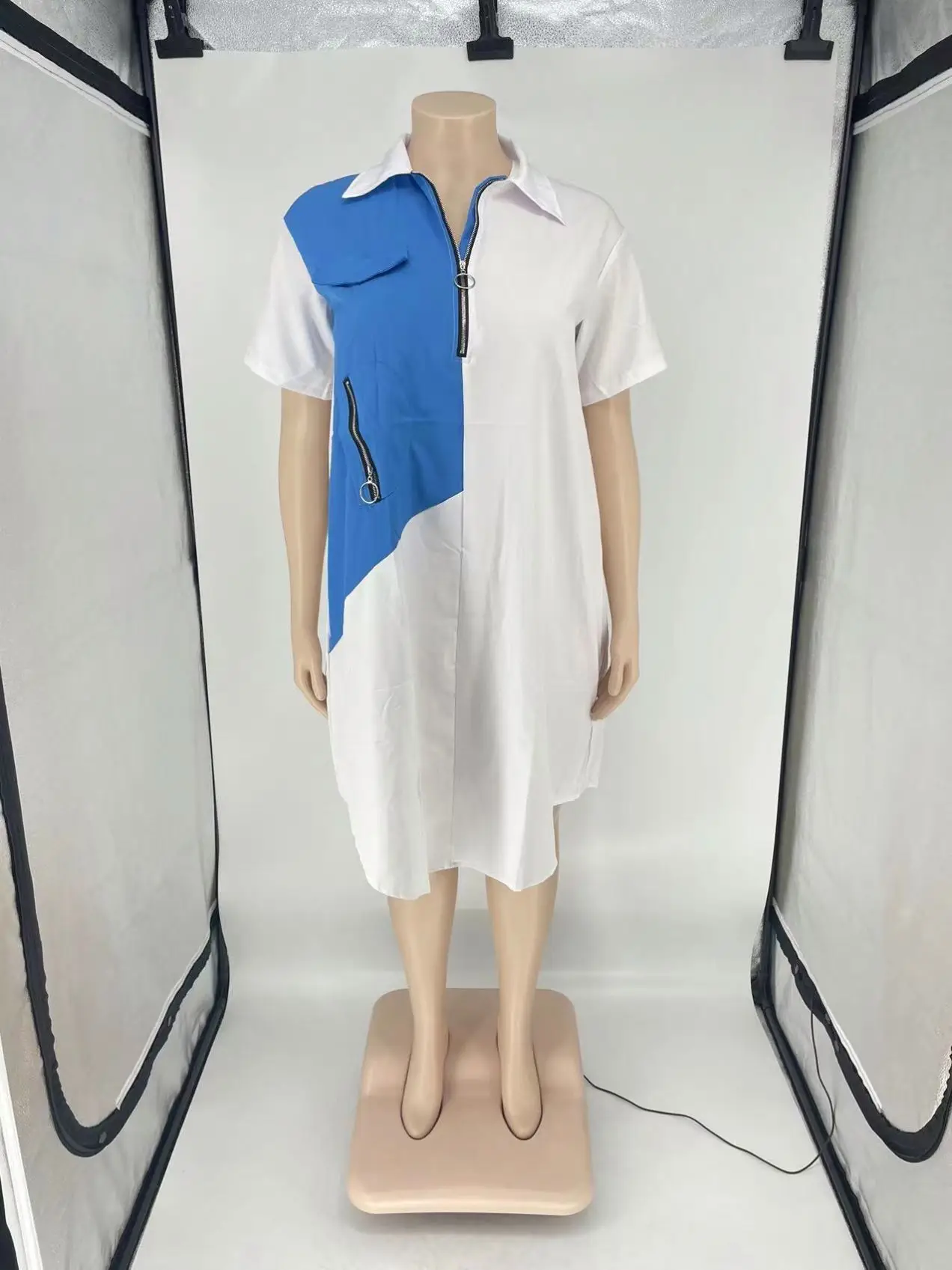 summer fashion plus size women clothing loose stitching contrast color short sleeve zipper clothes womens casual shirt dresses