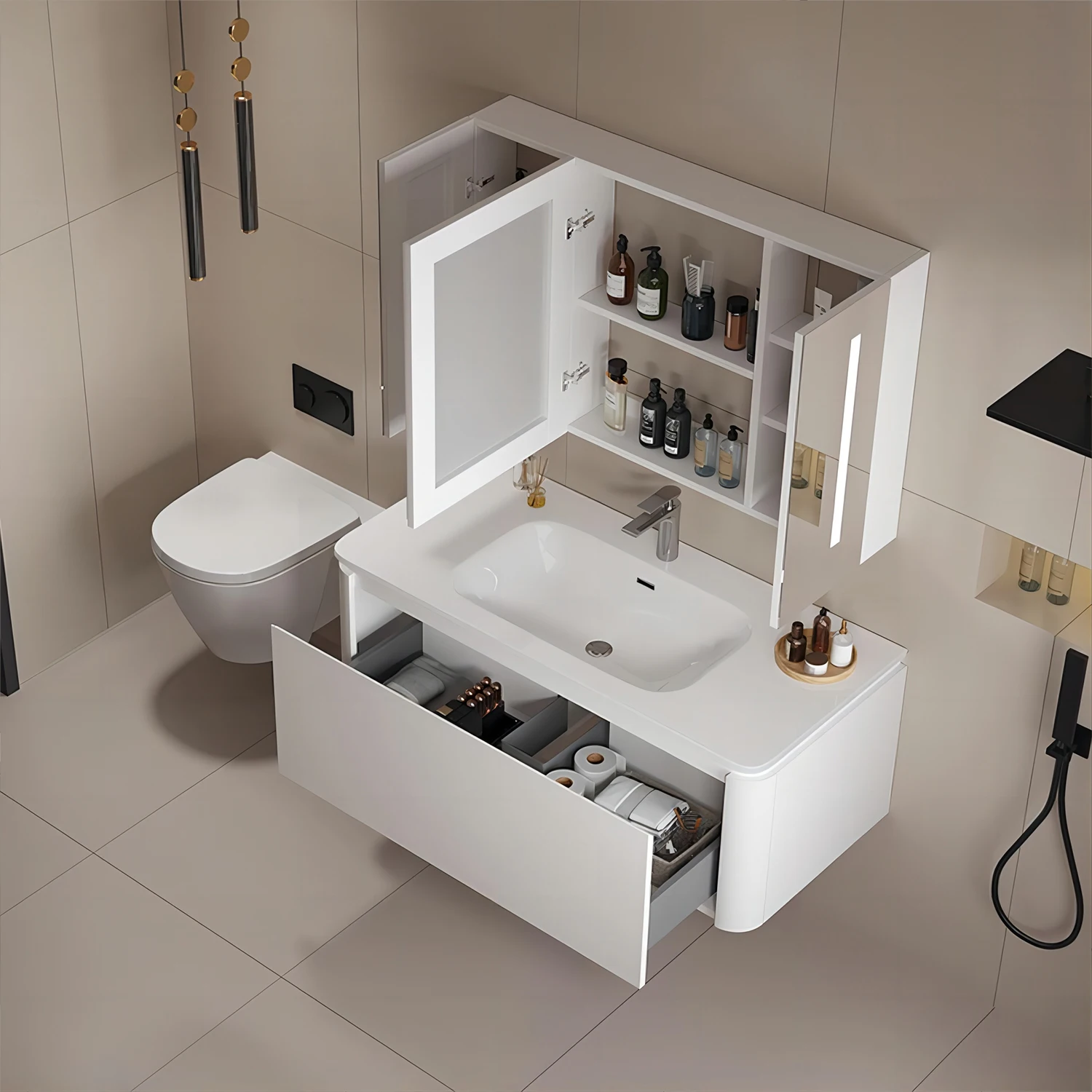 YIDA  Bathroom Vanity Sink Combo 32/40 inch Wall Mounted Cabinet Set Design White Resin Basin Sink Top