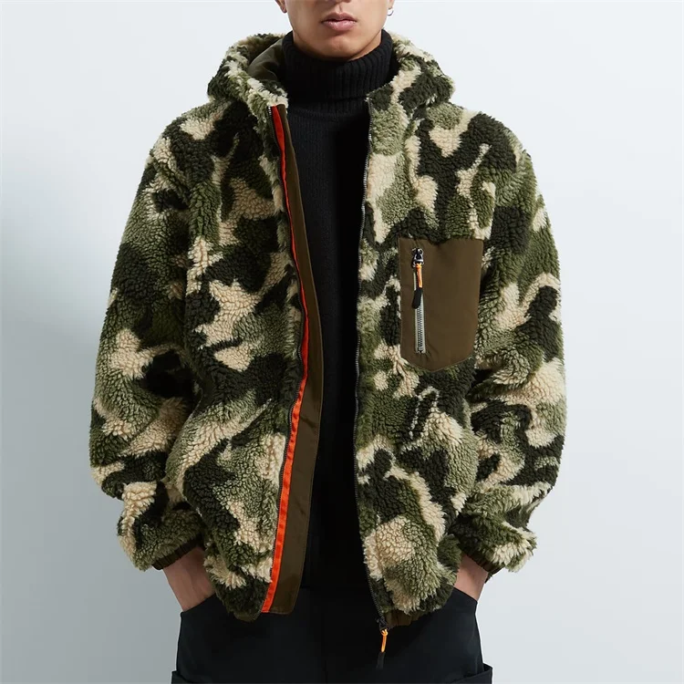 Custom men  fuzzy shearling berber fleece camo sherpa hoodie