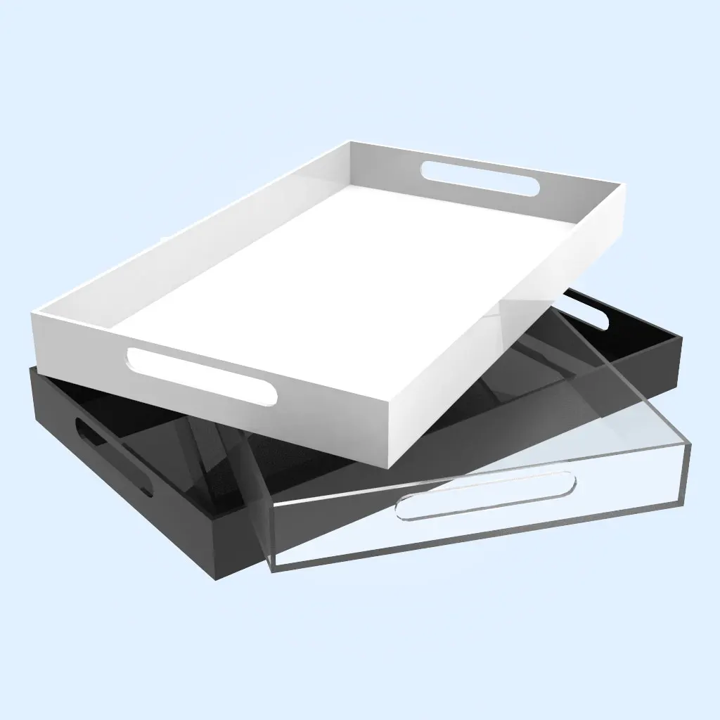 Custom Clear Acrylic Lucite Serving Trays with Metal Gold or Cutting Handles, Bottom Insert and UV Printing Decorative Trays