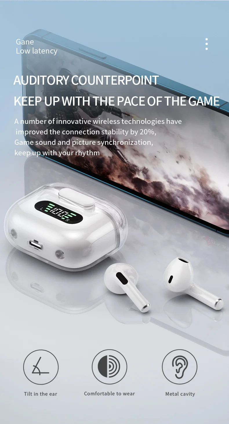 Original Factory Wireless Earphones Stereo Sound BT Earbuds Waterproof Transparent Bass Enhancer Headphones with LED Display