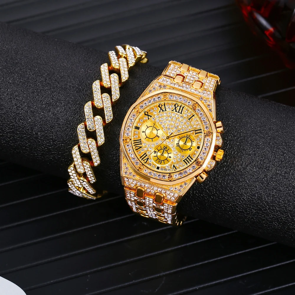 Y356 Diamond crystal luxury Hiphop Style gold round stainless steel Strap bracelet 2pcs/set  quartz watch for men
