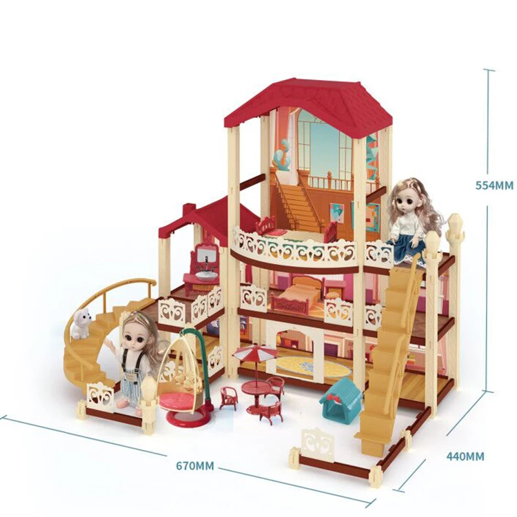 Funny toy pink villa girl play doll house miniature
