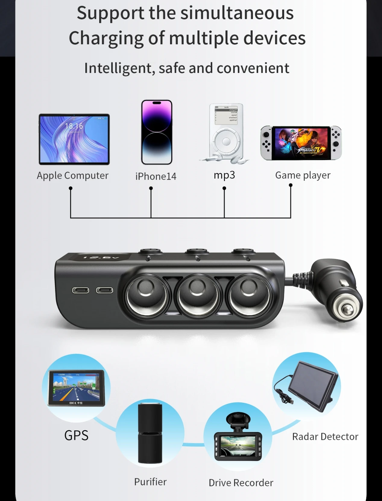 Fast 3 USB Car Charger Adapter QC PD 3A Car Cigarette Lighter Adapter 12V 120W 3 Socket Car Cigarette Lighter Splitter Charger