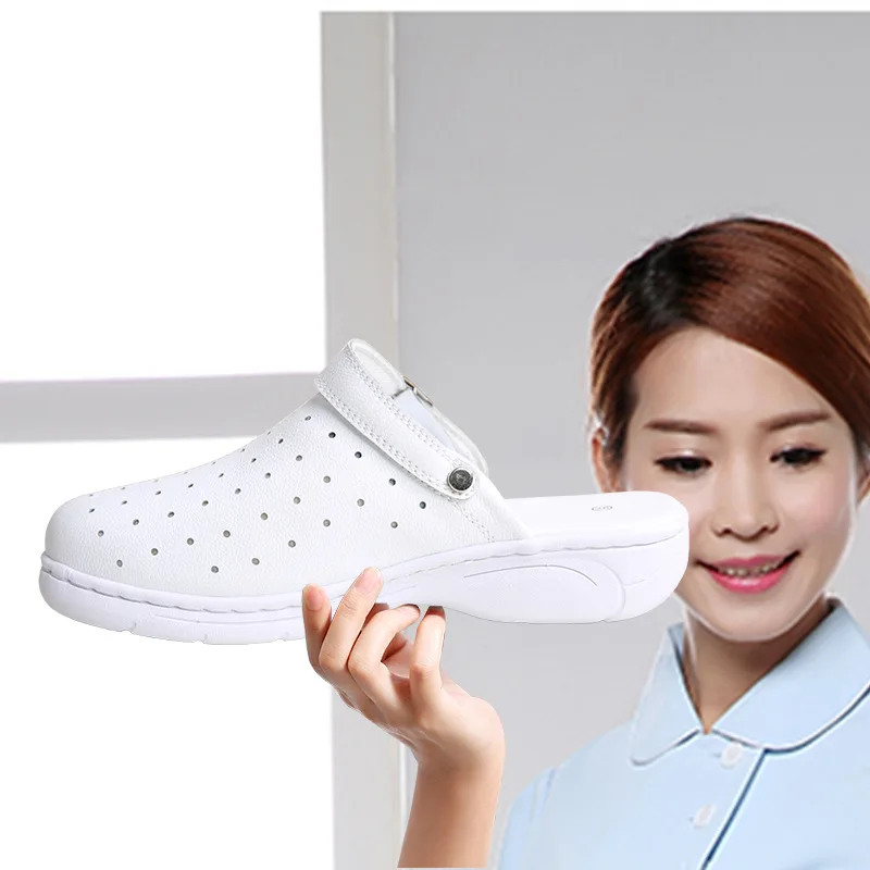 white hospital operating room medical Genuine leather soft soled nurse shoes lightweight, White non slip slipper clogs