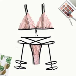 Pink lace breast nude womens sexy underwear lingerie sexy women lingerie multi ribbon leg bra and panty set clubwear lingerie