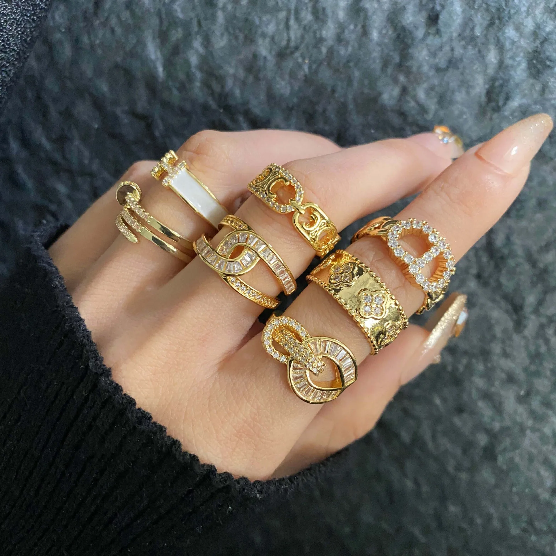 Stainless Steel Jewelry Fashionable Stainless Steel Index Finger Simple Hollow Zircon Roman Adjustable Ring For Women