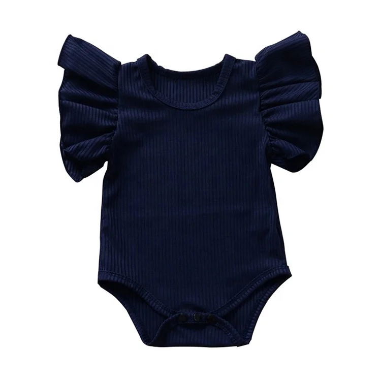 Summer Wholesale Cheap Ribbed Cotton Baby Clothes Best Selling Infant Romper Bodysuit for Baby Girls with Ruffle Sleeves